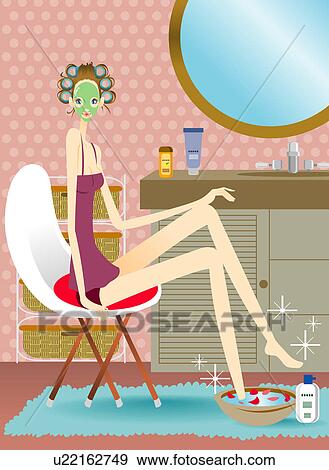 Stock Illustration - Young woman with green facial mask sitting in bedroom, side view. Fotosearch