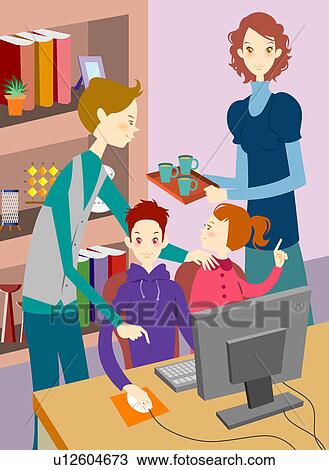 Drawing - Children using personal computer with parents at study room . Fotosearch
