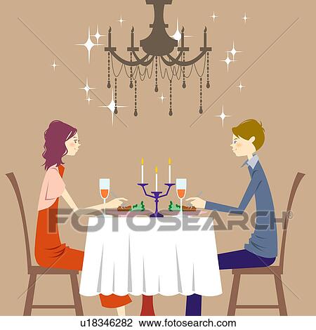 Drawing - Couple having dinner by candlelight, side view . Fotosearch