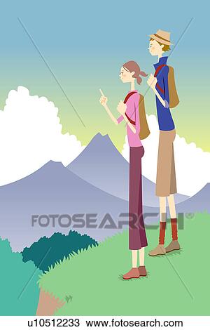 Couple standing on hill watching view View Large Illustration Drawing - Couple standing on hill watching view. Fotosearch