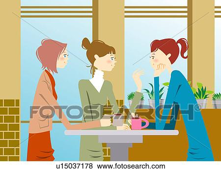 Stock Illustration - Women sitting and talking in coffee shop, side view. Fotosearch