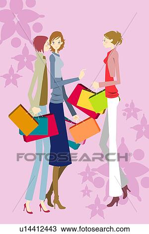 Drawing - Women with shopping bags chatting. Fotosearch