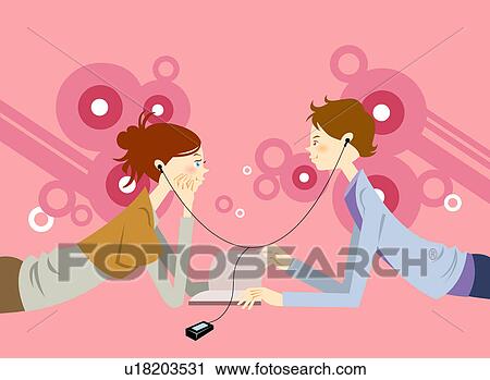 Young couple listening to music, lying on front, face to face, side view View Large Illustration Clip Art - Young couple listening to music, lying on front, face to face, side view. Fotosearch