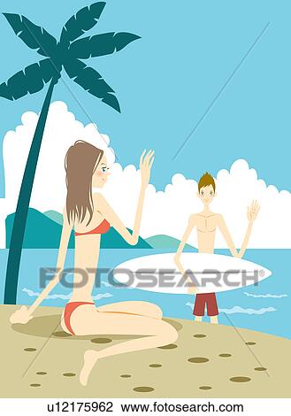 Drawing - Young couple relaxing at beach. Fotosearch