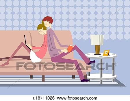 Stock Illustration - Young couple relaxing on sofa in the living room, side view. Fotosearch