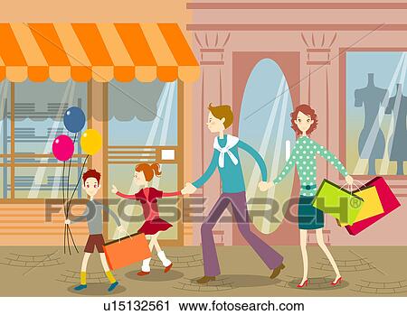 Young couple shopping with children View Large Illustration Clip Art - Young couple shopping with children. Fotosearch