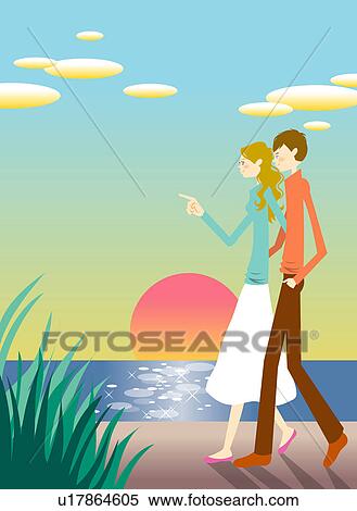 Stock Illustration - Young couple walking by beach at sunset. Fotosearch