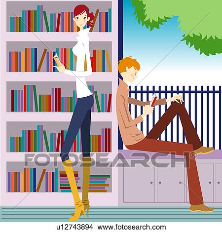Young man and woman by bookshelf relaxing View Large Illustration Stock Illustration - Young man and woman by bookshelf relaxing. Fotosearch