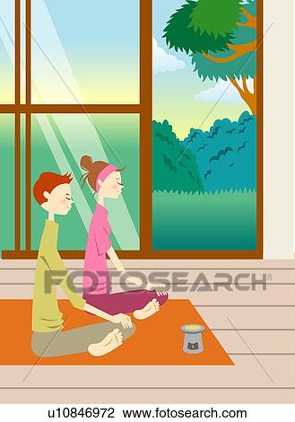Drawing - Young man and woman meditating on cushion, side view. Fotosearch