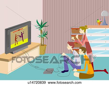 Stock Illustration - Young man and woman playing video games in the living room. Fotosearch