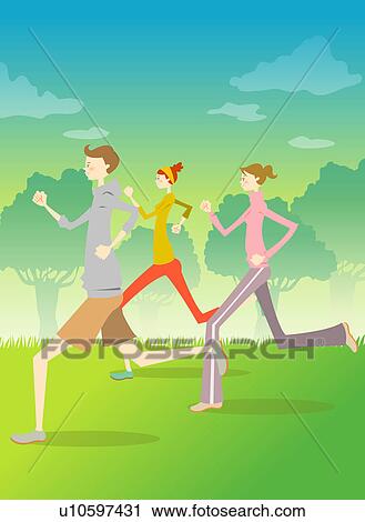 Clip Art - Young man and women jogging on grass. Fotosearch