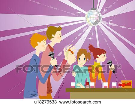 Drawing - Young men and woman gathering in KTV. Fotosearch