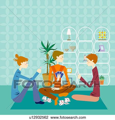 Drawing - Young men and woman playing cards on floor in the living room. Fotosearch