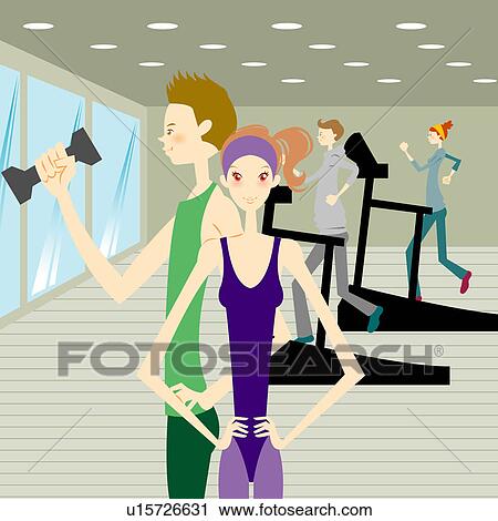 Clip Art - Young men and women exercising in gym. Fotosearch