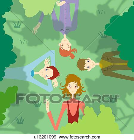 Stock Illustration - Young men and women lying on grass looking up. Fotosearch