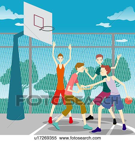 Stock Illustration - Young men playing basketball at playground. Fotosearch