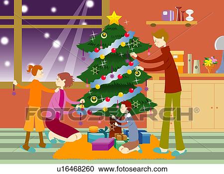Clipart - Young parents decorating Christmas tree with children in the living room. Fotosearch