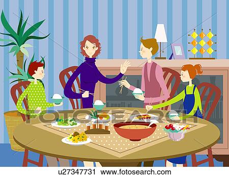 Clip Art - Young parents having dinner with children at home. Fotosearch
