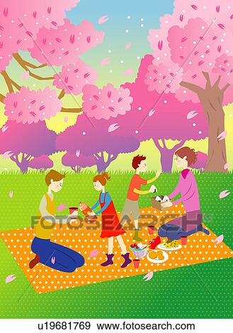 Stock Illustration - Young parents picnicking with children at park. Fotosearch