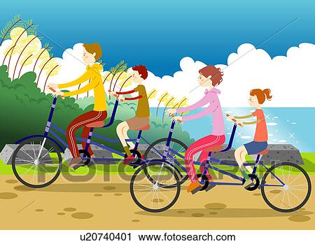 Clip Art - Young parents riding bikes with children by sea. Fotosearch
