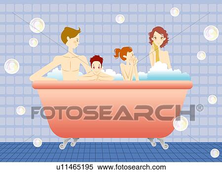 Stock Illustration - Young parents taking bath with children. Fotosearch