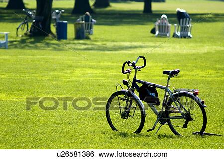 Stock Photograph - Bike on grass with trees in park. Fotosearch