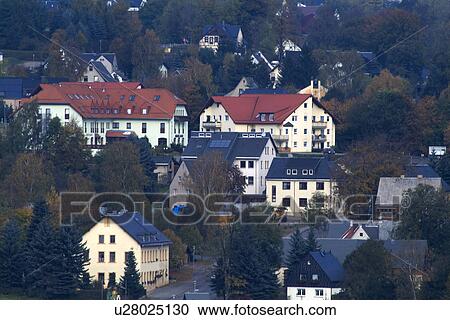 Elevated view of houses and trees View Large Photo Image Stock Image - Elevated view of houses and trees. Fotosearch