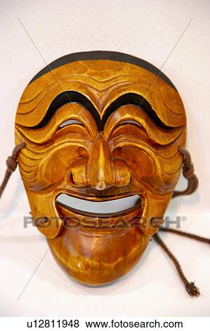 Stock Photo - Asia, South Korea, Traditional Korean carved wooden mask, front view, close-up. Fotosearch