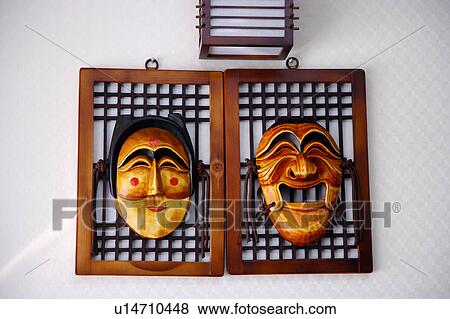 Stock Photo - Asia, South Korea, Traditional Korean carved wooden masks, front view. Fotosearch