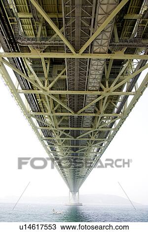 Stock Image - Japan, Kobe, Akashi-Kaikyo Bridge across Akashi Strait, rear view. Fotosearch