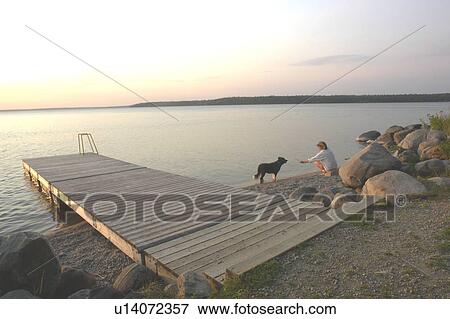 Stock Photo - Woman with dog at beach Clear Lake; Canada, Manitoba, Riding Mountain National Park. Fotosearch