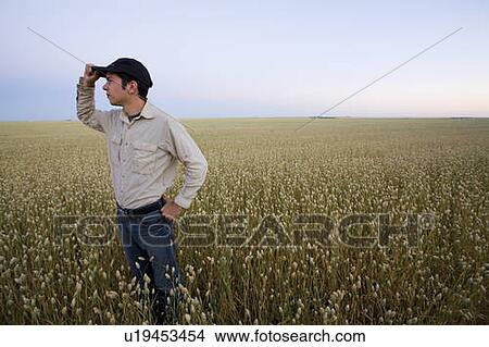 Farmer adjusts hat, looking over field of canary seed, Saskatchewan, Canada View Large Photo Image Picture - Farmer adjusts hat, looking over field of canary seed, Saskatchewan, Canada. Fotosearch
