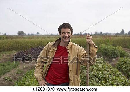 Stock Image - Man holding rake in field of organic vegetables, Ladner, British Columbia, Canada. Fotosearch