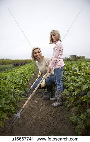 Stock Image - Mother and daughter gardening together in organic garden, Ladner, British Columbia, Canada. Fotosearch