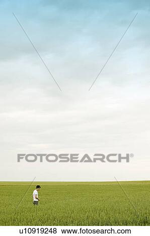 Stock Photo - Young man in barley field. Fotosearch