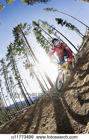 Low angle fish-eye of biker taking a turn; Canada, Alberta, Quirk Creek View Large Photo Image Stock Photo - Low angle fish-eye of biker taking a turn; Canada, Alberta, Quirk Creek. Fotosearch