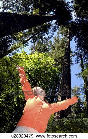 Stock Photo - Pre-teen girl with arms open, Douglas Fir, Vancouver Island, Canada. Fotosearch