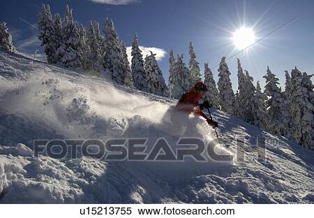 Stock Photography - Man (25-30) skiing in light powder snow, Mount Washington Alpine Resort, Courtenay, BC, Canada. Fotosearch