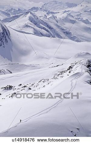 Stock Photograph - Skier hikes out of bounds, Whistler Mtn. BC. Fotosearch