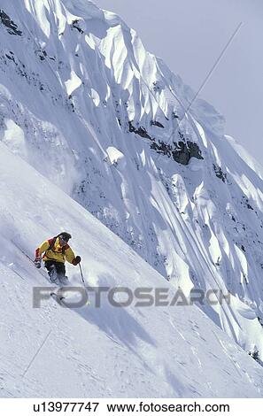 Young man skiing fresh powder on steep slope at Island Lake Resort, Fernie, British Columbia, Canada. View Large Photo Image Stock Photo - Young man skiing fresh powder on steep slope at Island Lake Resort, Fernie, British Columbia, Canada.. Fotosearch