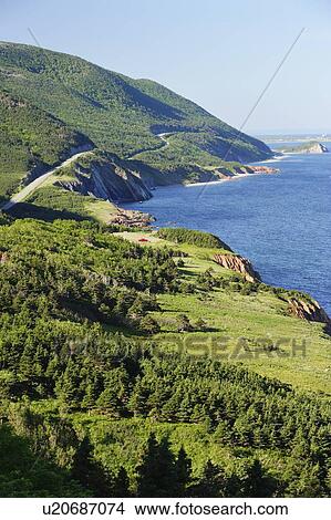 Picture - View of Cabot Trail and Gulf of St. Lawrence, Cape Breton Highlands National Park, Nova Scotia, Canada. Fotosearch