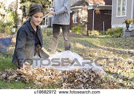 Stock Image - Teen brother and sister raking, Winnipeg, Canada. Fotosearch