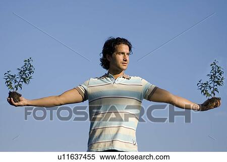 Man holding two small trees in outstretched arms, Winnipeg, Canada View Large Photo Image Stock Photography - Man holding two small trees in outstretched arms, Winnipeg, Canada. Fotosearch