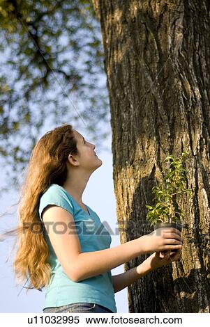 Twelve year old girl holding small tree beside large tree, Assiniboine Park, Winnipeg, Canada View Large Photo Image Stock Photography - Twelve year old girl holding small tree beside large tree, Assiniboine Park, Winnipeg, Canada. Fotosearch