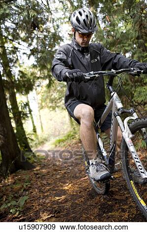 Stock Photo - Mountain biker on trail in Stanley Park, Vancouver, BC, Canada. Fotosearch