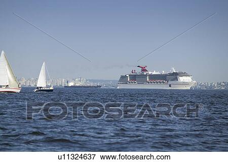 Stock Photo - Sailboats and cruise ship in English Bay, Vancouver, West Vancouver, BC Canada. Fotosearch