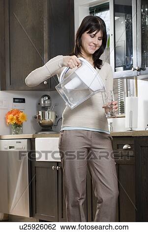 Stock Image - Woman pours glass of water from filtre jug, Winnipeg, Canada. Fotosearch