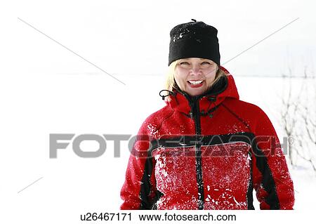 Blonde woman, winter scene, smiling. View Large Photo Image Stock Image - Blonde woman, winter scene, smiling.. Fotosearch