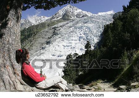 Women in front of Glacier des bossons (very sensitive glacier) View Large Photo Image Stock Image - Women in front of Glacier des bossons (very sensitive glacier). Fotosearch