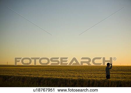 Stock Image - Silhouette of farmer in golden glow of wheatfield at sunset, Saskatchewan, Canada. Fotosearch